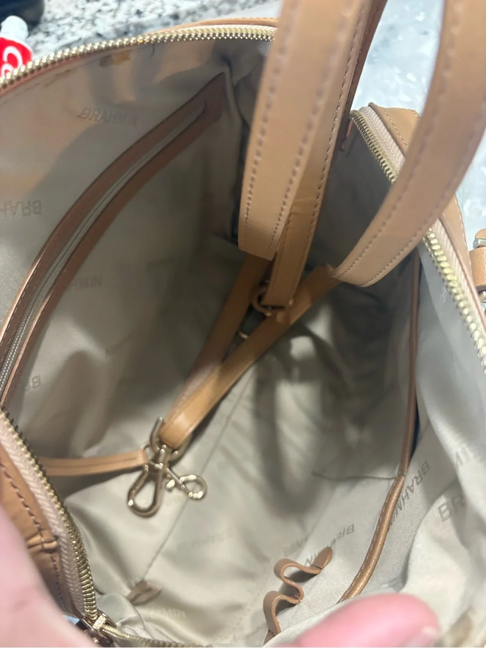 Brahmin Denim Light Blue Croc-Print Satchel Tote with Tan Trim HTF!